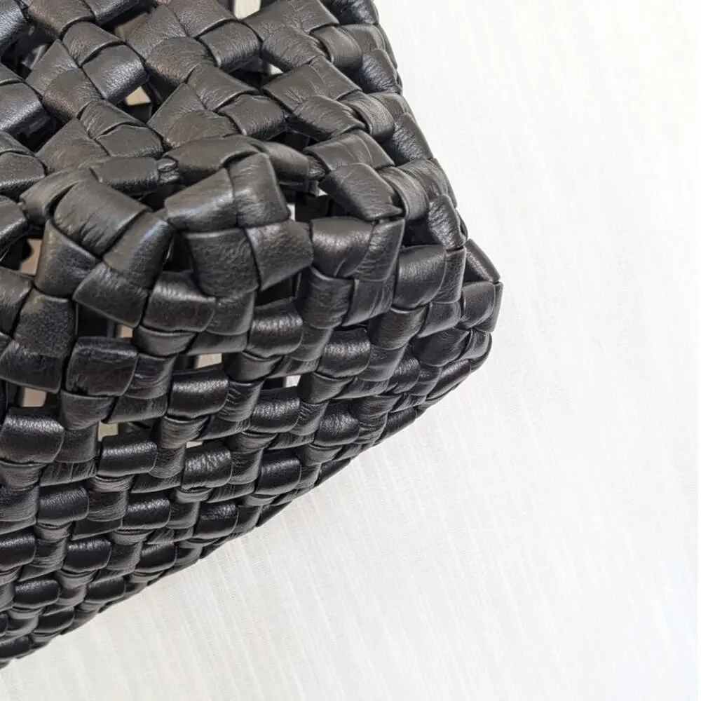 Black Genuine Leather Woven Tote Bag Large Shoulder Handbag Open Top Womens